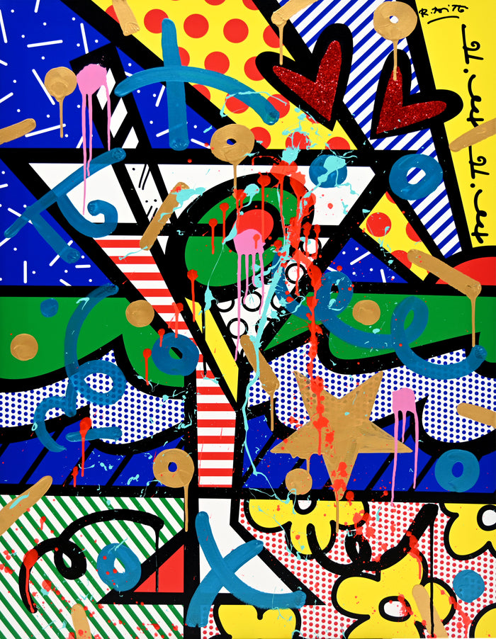 This image is a colorful, abstract artwork featuring a martini glass, hearts, and various geometric shapes. The background includes patterns like polka dots, stripes, and stars. Bright colors such as blue, green, yellow, red, and pink are used, with additional splashes of paint and dynamic shapes adding a lively touch to the art piece.  mixed media original Romero Britto art Pop Art flowers martini art