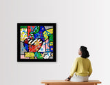 This image is a colorful, abstract artwork featuring a large apple with a gold star in the center. The background includes patterns like polka dots, stripes, and various shapes. Bright colors such as red, blue, green, yellow, and pink are used, with additional splashes of paint and dynamic elements adding a lively touch to the piece.  mixed media original Romero Britto art Pop Art Apple stars pink fruit fruit art