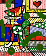 This image is a colorful, abstract artwork featuring a piece of a living room. The background includes deep blue wall, a stripped and polka dot background. Bright colors such as blue, green, yellow, red, are used, with additional splashes of , pink, orange, and yellow paint adding a lively touch to the art piece.   mixed media original Romero Britto art Pop Art home couch heart