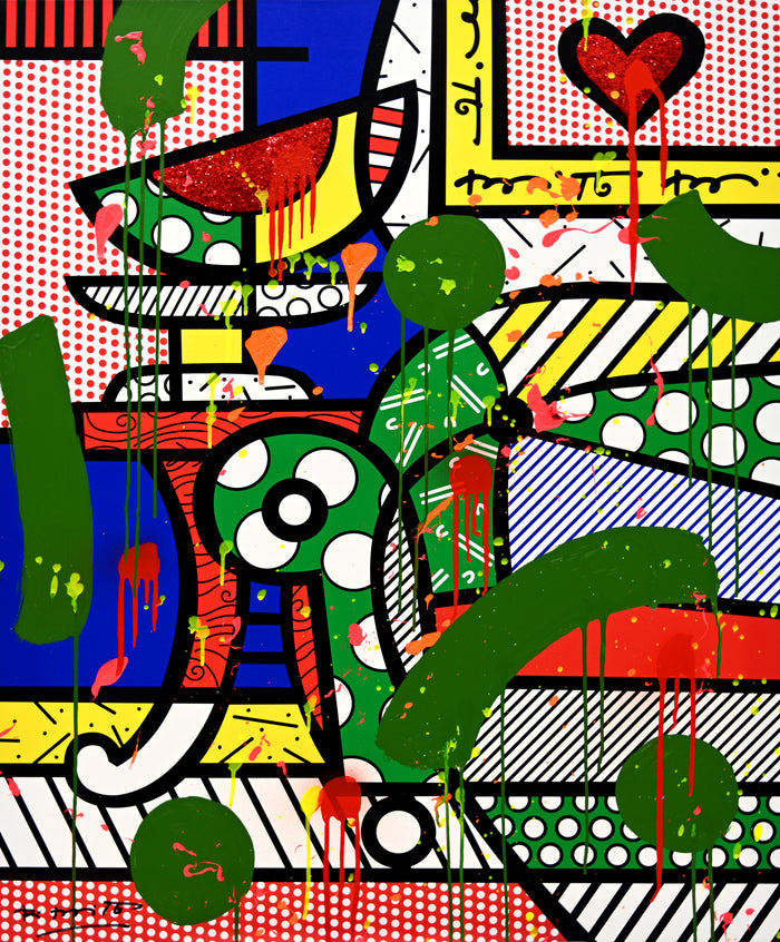 This image is a colorful, abstract artwork featuring a piece of a living room. The background includes deep blue wall, a stripped and polka dot background. Bright colors such as blue, green, yellow, red, are used, with additional splashes of , pink, orange, and yellow paint adding a lively touch to the art piece.   mixed media original Romero Britto art Pop Art home couch heart