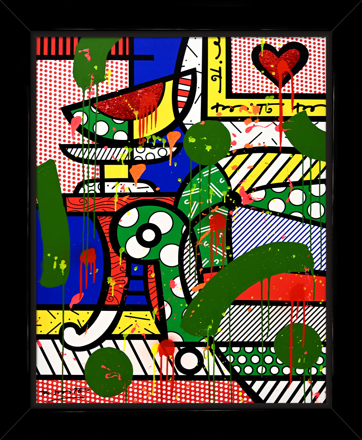 This image is a colorful, abstract artwork featuring a piece of a living room. The background includes deep blue wall, a stripped and polka dot background. Bright colors such as blue, green, yellow, red, are used, with additional splashes of , pink, orange, and yellow paint adding a lively touch to the art piece. mixed media original Romero Britto art Pop Art home couch heart