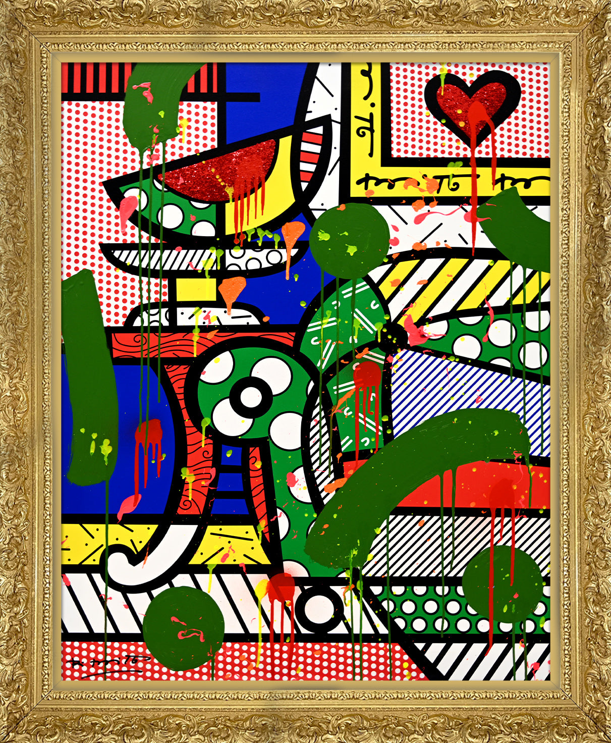 This image is a colorful, abstract artwork featuring a piece of a living room. The background includes deep blue wall, a stripped and polka dot background. Bright colors such as blue, green, yellow, red, are used, with additional splashes of , pink, orange, and yellow paint adding a lively touch to the art piece. mixed media original Romero Britto art Pop Art home couch heart