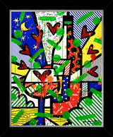 This image is a colorful, abstract artwork featuring bottles and hearts. The background includes patterns like stripes, polka dots, and starry elements. Bright colors such as red, blue, yellow, and green are used, with splashes of green and orange paint adding a dynamic touch.  mixed media original Romero Britto art Pop Art wine art