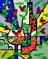This image is a colorful, abstract artwork featuring bottles and hearts. The background includes patterns like stripes, polka dots, and starry elements. Bright colors such as red, blue, yellow, and green are used, with splashes of green and orange paint adding a dynamic touch.  mixed media original Romero Britto art Pop Art wine art