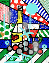 This image is a colorful, abstract artwork featuring a wine bottle with some grapes and various lines and circles. The background includes patterns like polka dots, solid color, and stripes. Bright colors such as blue, green, yellow, red, and light sky blue are used, with additional splashes of paint and dynamic shapes adding a lively touch to the art piece.  mixed media original Romero Britto art Pop Art wine grapes drinks