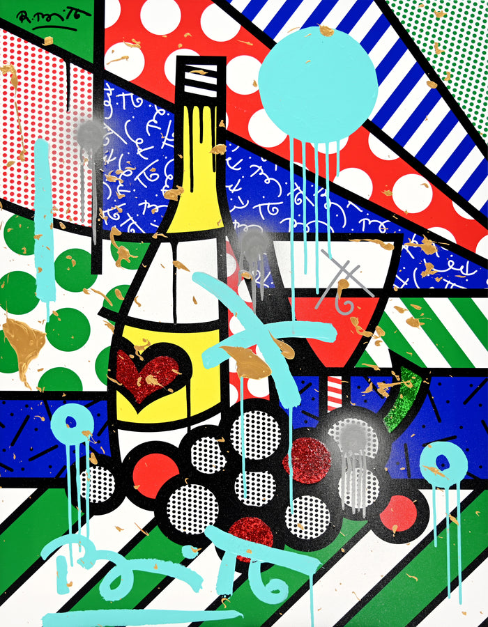 This image is a colorful, abstract artwork featuring a wine bottle with some grapes and various lines and circles. The background includes patterns like polka dots, solid color, and stripes. Bright colors such as blue, green, yellow, red, and light sky blue are used, with additional splashes of paint and dynamic shapes adding a lively touch to the art piece.  mixed media original Romero Britto art Pop Art wine grapes drinks