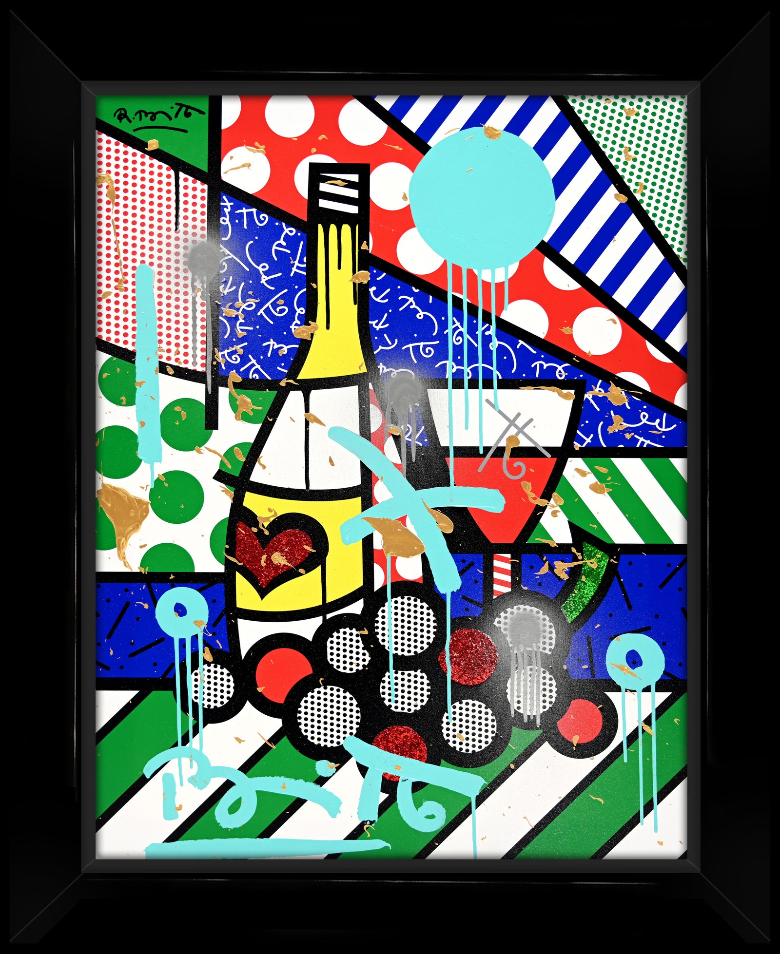 This image is a colorful, abstract artwork featuring a wine bottle with some grapes and various lines and circles. The background includes patterns like polka dots, solid color, and stripes. Bright colors such as blue, green, yellow, red, and light sky blue are used, with additional splashes of paint and dynamic shapes adding a lively touch to the art piece. mixed media original Romero Britto art Pop Art wine grapes drinks