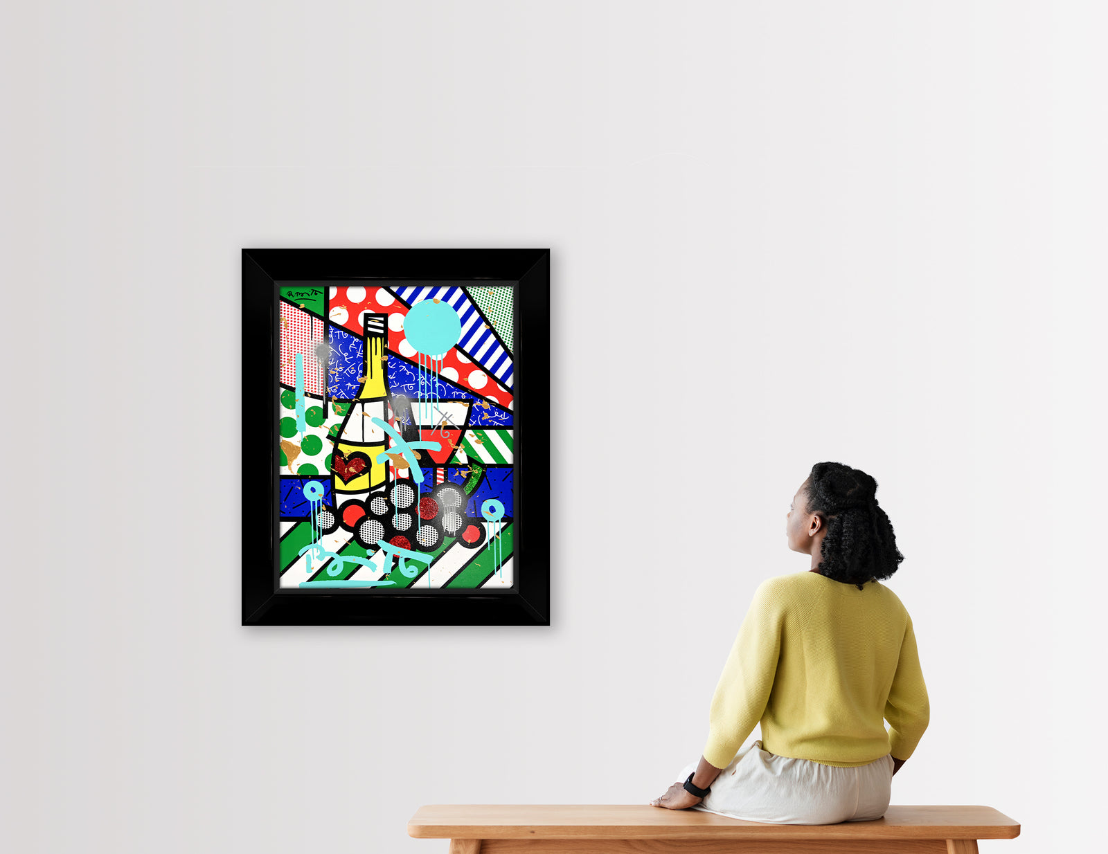 This image is a colorful, abstract artwork featuring a wine bottle with some grapes and various lines and circles. The background includes patterns like polka dots, solid color, and stripes. Bright colors such as blue, green, yellow, red, and light sky blue are used, with additional splashes of paint and dynamic shapes adding a lively touch to the art piece. mixed media original Romero Britto art Pop Art wine grapes drinks