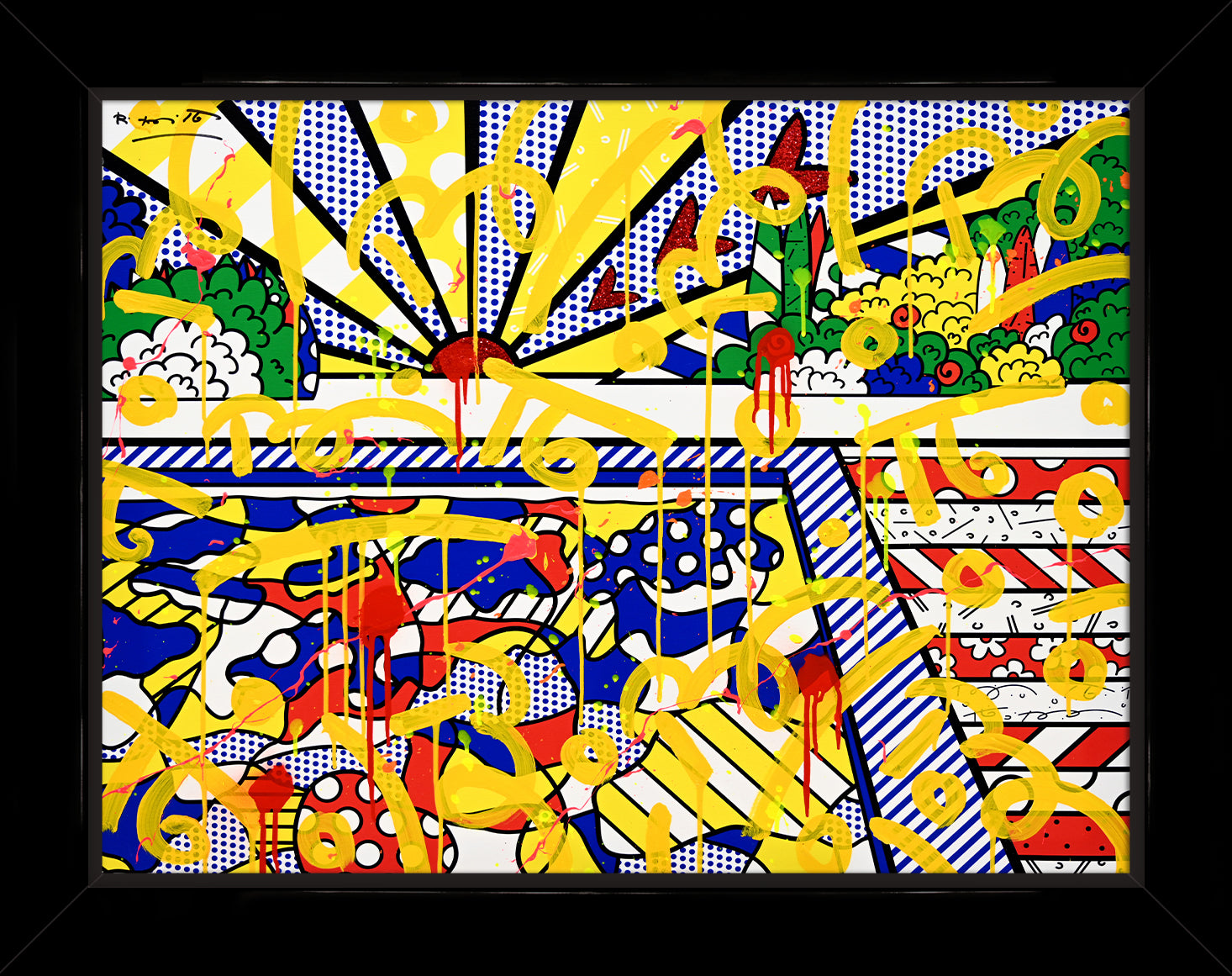 This image is a colorful, abstract artwork featuring a sunburst pattern at the top with rays extending outward. The background includes vibrant patterns like polka dots, stripes, and various shapes. Bright colors such as yellow, blue, red, and green are used, with yellow paint splashes and swirls adding a dynamic touch to the composition. mixed media original Romero Britto art Pop Art sunrise pool