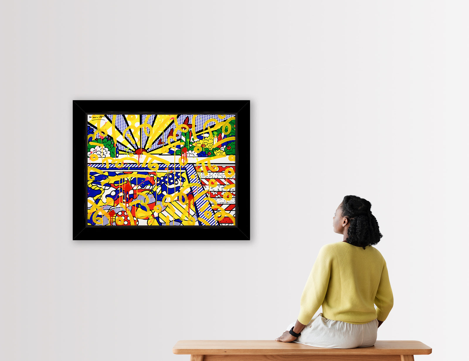 This image is a colorful, abstract artwork featuring a sunburst pattern at the top with rays extending outward. The background includes vibrant patterns like polka dots, stripes, and various shapes. Bright colors such as yellow, blue, red, and green are used, with yellow paint splashes and swirls adding a dynamic touch to the composition. mixed media original Romero Britto art Pop Art sunrise pool