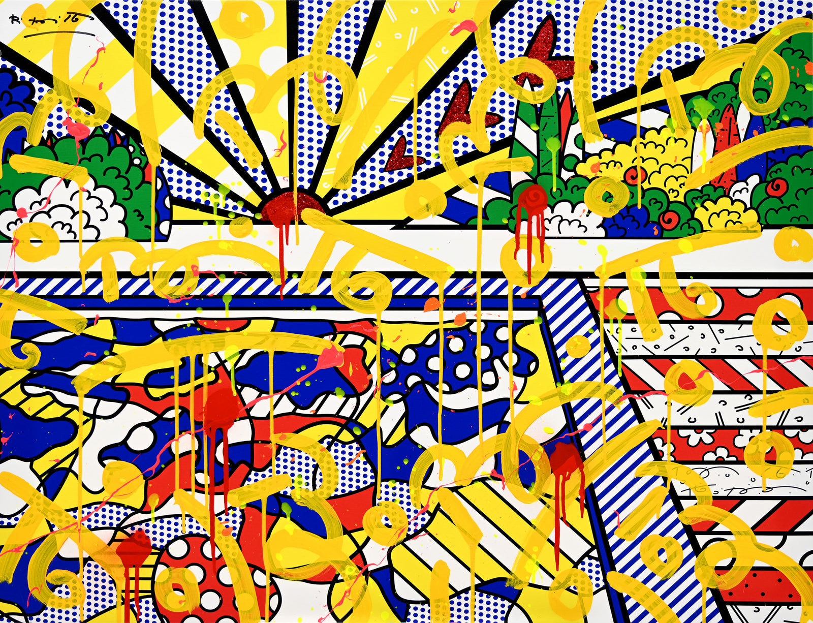 This image is a colorful, abstract artwork featuring a sunburst pattern at the top with rays extending outward. The background includes vibrant patterns like polka dots, stripes, and various shapes. Bright colors such as yellow, blue, red, and green are used, with yellow paint splashes and swirls adding a dynamic touch to the composition. mixed media original Romero Britto art Pop Art sunrise pool