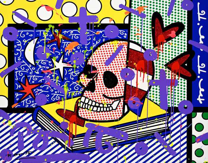 This image is a colorful, abstract artwork featuring a red and white skull on an open book. The background includes various patterns like polka dots, stripes, stars and crescent elements. Bright colors such as yellow, blue, green, and purple are used, with additional shapes and paint splashes adding a dynamic touch.  mixed media original Romero Britto art Pop Art Skull art