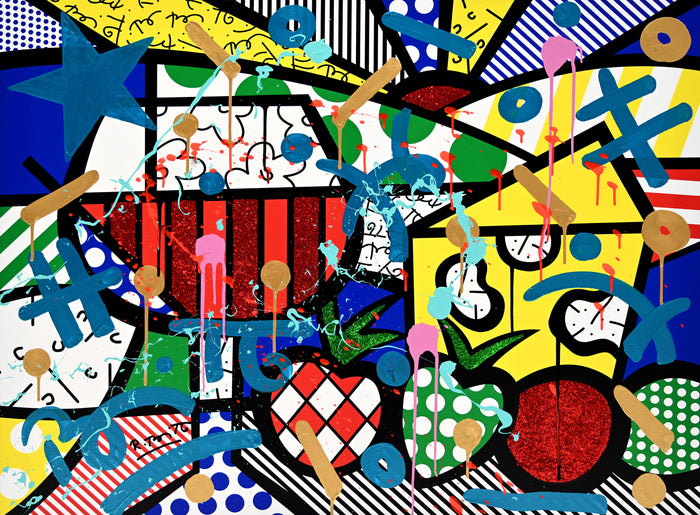 This image is a colorful, abstract artwork featuring a glass of red wine, fruit, and cheese on tabletop. The background includes a sunrise against a stripped and polka dot background. Bright colors such as blue, green, yellow, red, are used, with additional splashes of teal, pink, and gold  paint adding a lively touch to the art piece.   mixed media original Romero Britto art Pop Art red wine food cheese fruit