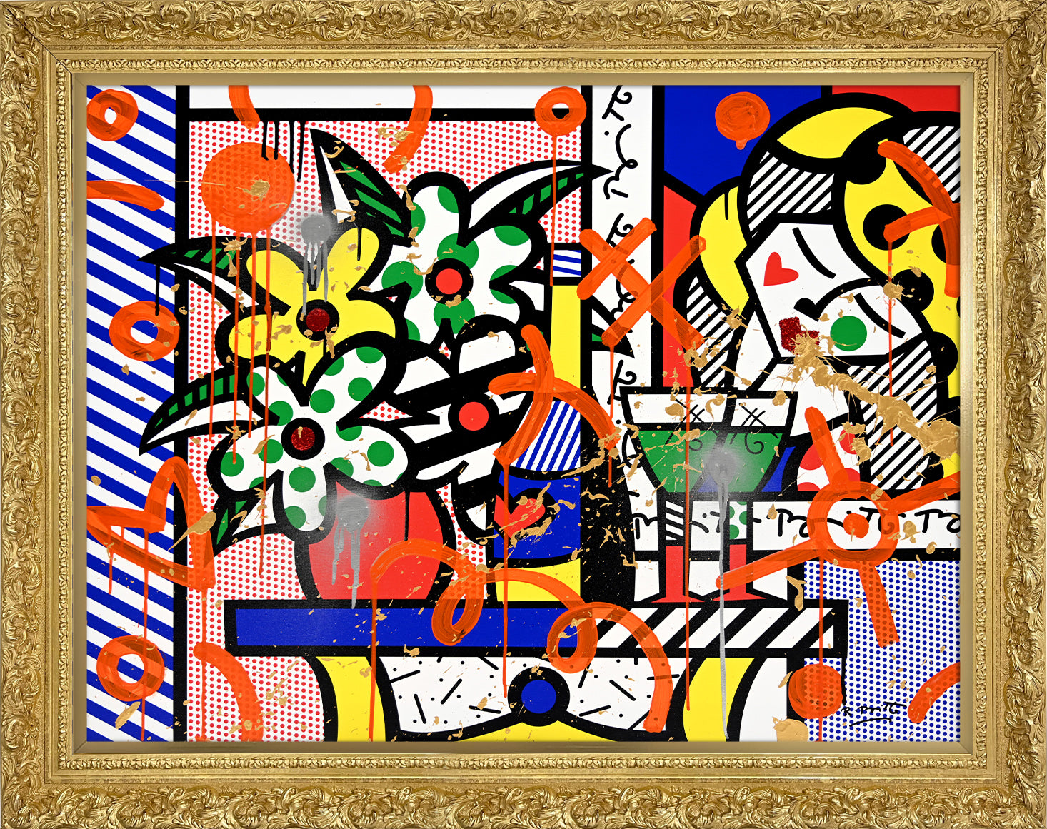 Romero Britto flowers bouquet mixed media original contemporary pop art piece
