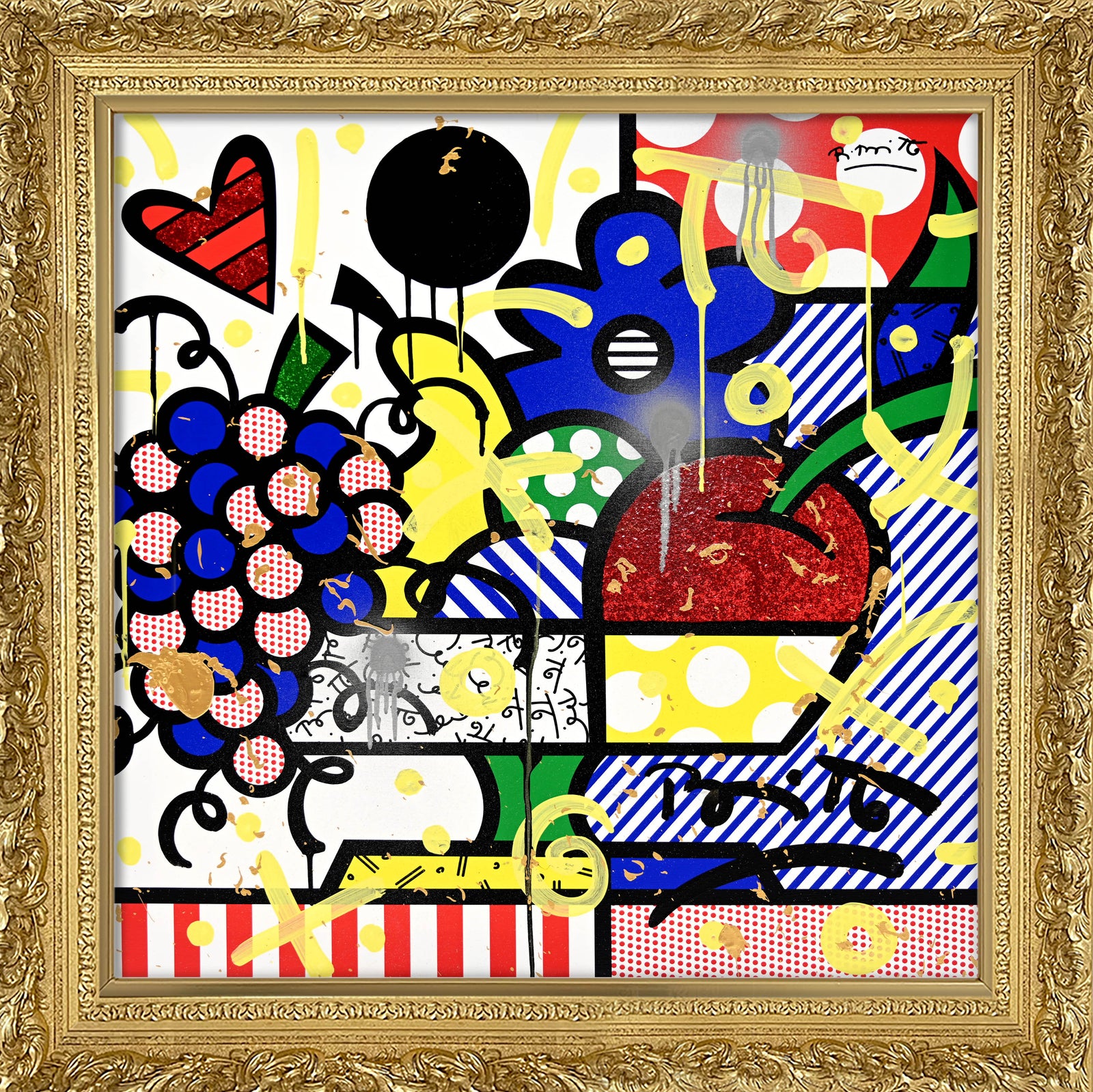 This image is a colorful, abstract artwork featuring a bunch of grapes, a heart, and floral elements. The vibrant colors include red, yellow, blue, and black, with a background of stripes and polka dots. Yellow paint splashes add a dynamic touch, creating a playful and lively artwork.