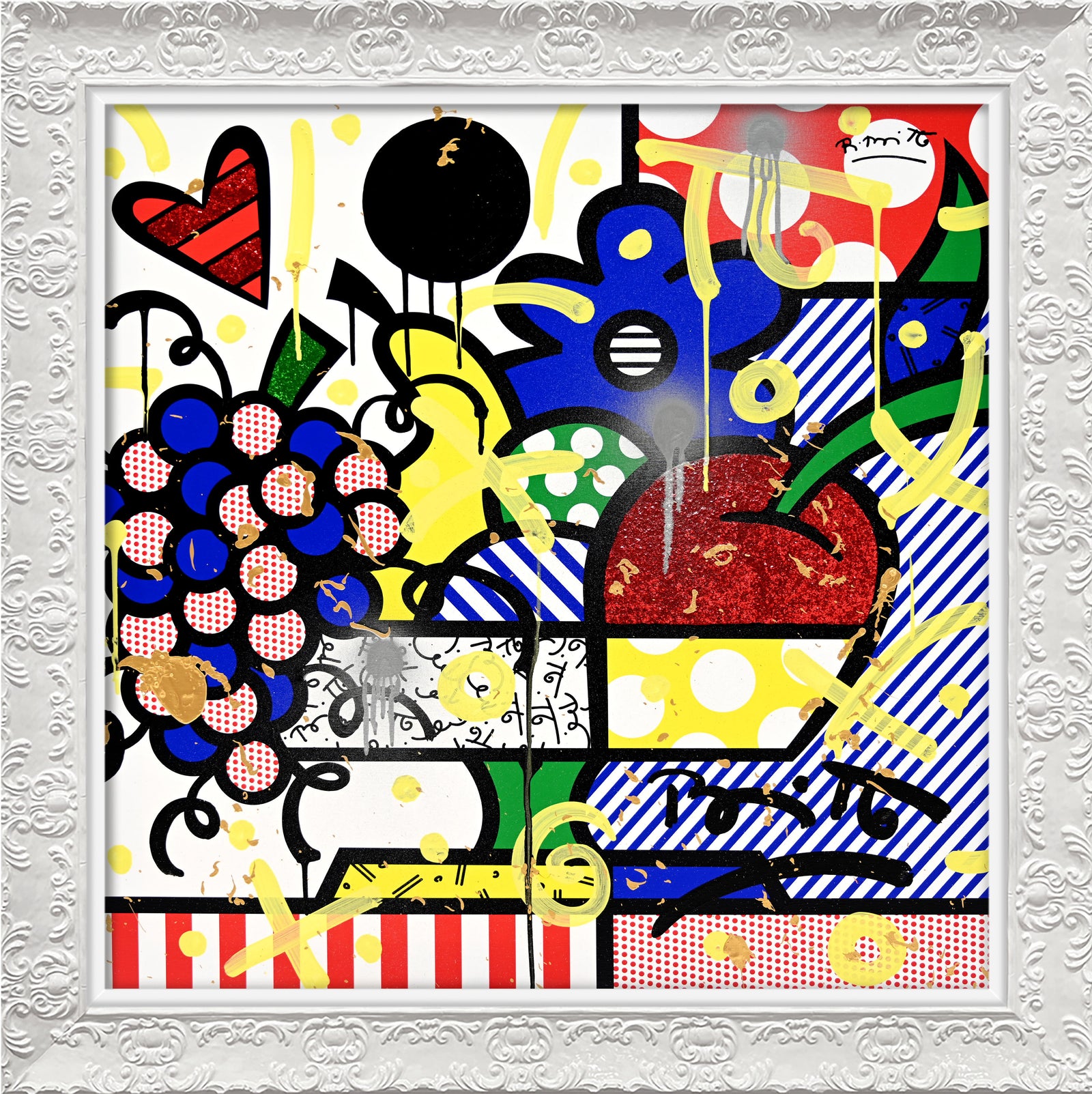 This image is a colorful, abstract artwork featuring a bunch of grapes, a heart, and floral elements. The vibrant colors include red, yellow, blue, and black, with a background of stripes and polka dots. Yellow paint splashes add a dynamic touch, creating a playful and lively artwork.