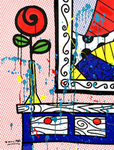 This image is a colorful, abstract artwork featuring a red rose on a night stand by a framed painting. The background includes a red tiny polka dots pattern against a white background. Bright colors such as blue, green, yellow, red, are used, with additional splashes of teal, red and yellow  paint adding a lively touch to the art piece.  mixed media original Romero Britto art Pop Art rose flowers girly simple