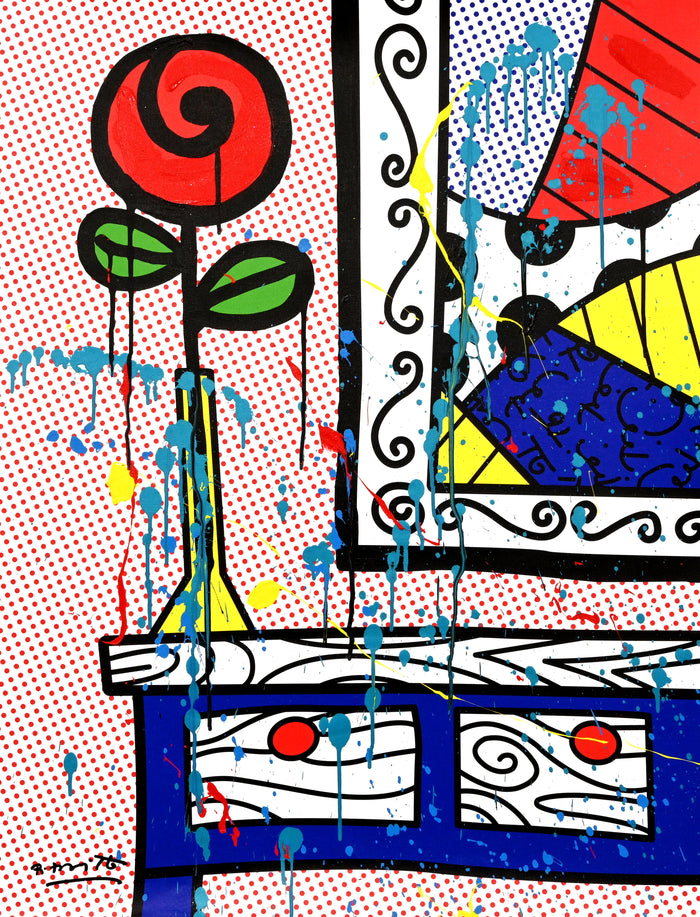 This image is a colorful, abstract artwork featuring a red rose on a night stand by a framed painting. The background includes a red tiny polka dots pattern against a white background. Bright colors such as blue, green, yellow, red, are used, with additional splashes of teal, red and yellow  paint adding a lively touch to the art piece.  mixed media original Romero Britto art Pop Art rose flowers girly simple