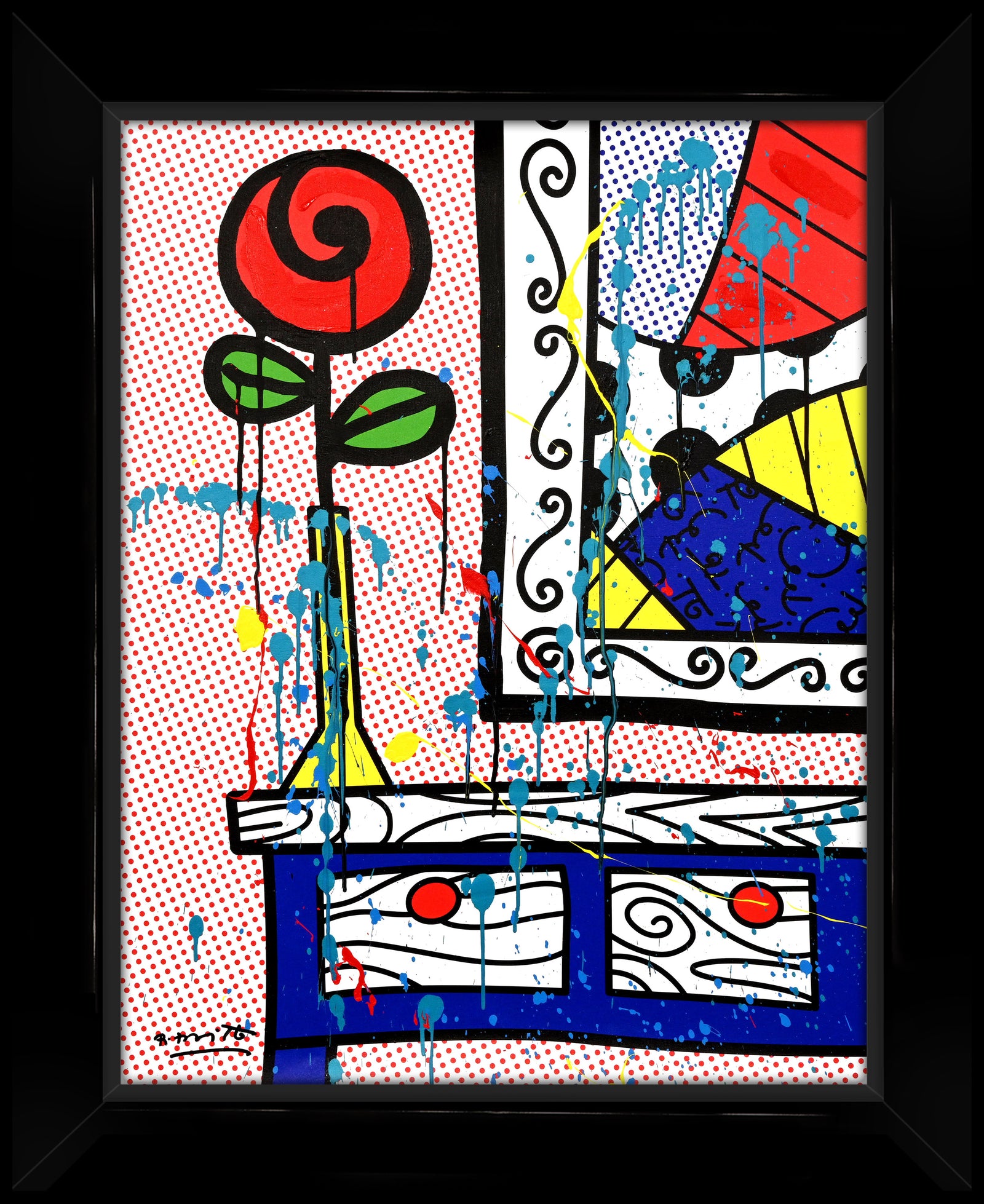 This image is a colorful, abstract artwork featuring a red rose on a night stand by a framed painting. The background includes a red tiny polka dots pattern against a white background. Bright colors such as blue, green, yellow, red, are used, with additional splashes of teal, red and yellow paint adding a lively touch to the art piece. mixed media original Romero Britto art Pop Art rose flowers girly simple