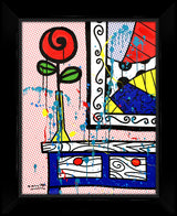 This image is a colorful, abstract artwork featuring a red rose on a night stand by a framed painting. The background includes a red tiny polka dots pattern against a white background. Bright colors such as blue, green, yellow, red, are used, with additional splashes of teal, red and yellow  paint adding a lively touch to the art piece.  mixed media original Romero Britto art Pop Art rose flowers girly simple