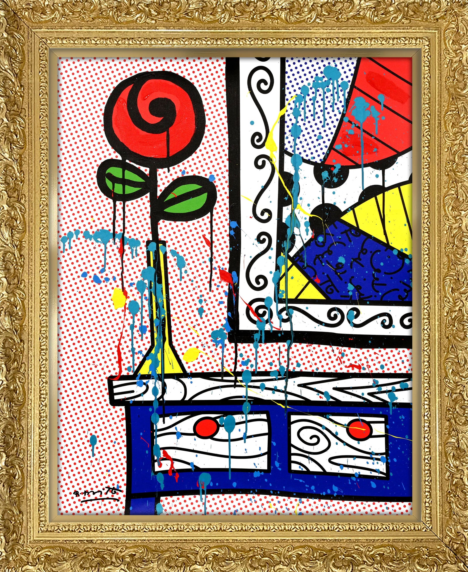 This image is a colorful, abstract artwork featuring a red rose on a night stand by a framed painting. The background includes a red tiny polka dots pattern against a white background. Bright colors such as blue, green, yellow, red, are used, with additional splashes of teal, red and yellow paint adding a lively touch to the art piece. mixed media original Romero Britto art Pop Art rose flowers girly simple