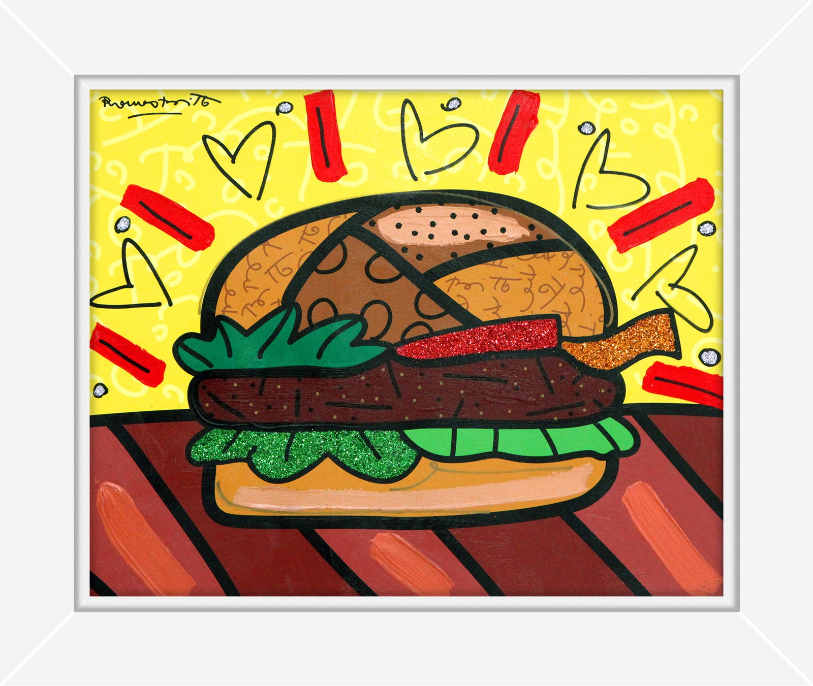 Romero Britto burger mixed media original colorful pop art design