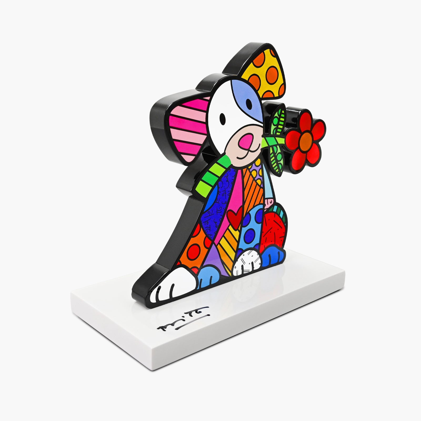 Side profile of hand signed Lovely Dog contemporary art sculpture by Romero Britto