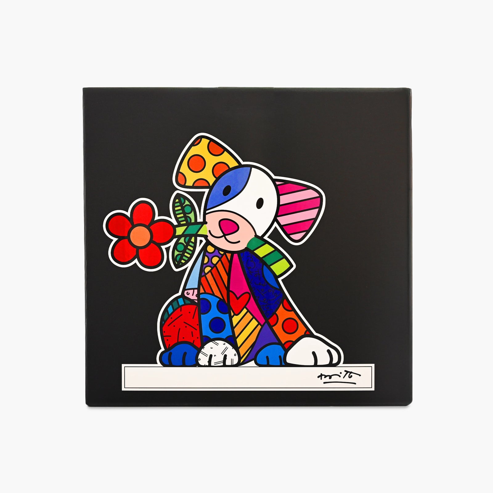 Original Romero Britto Studio packaging for Lovely Dog limited edition sculpture