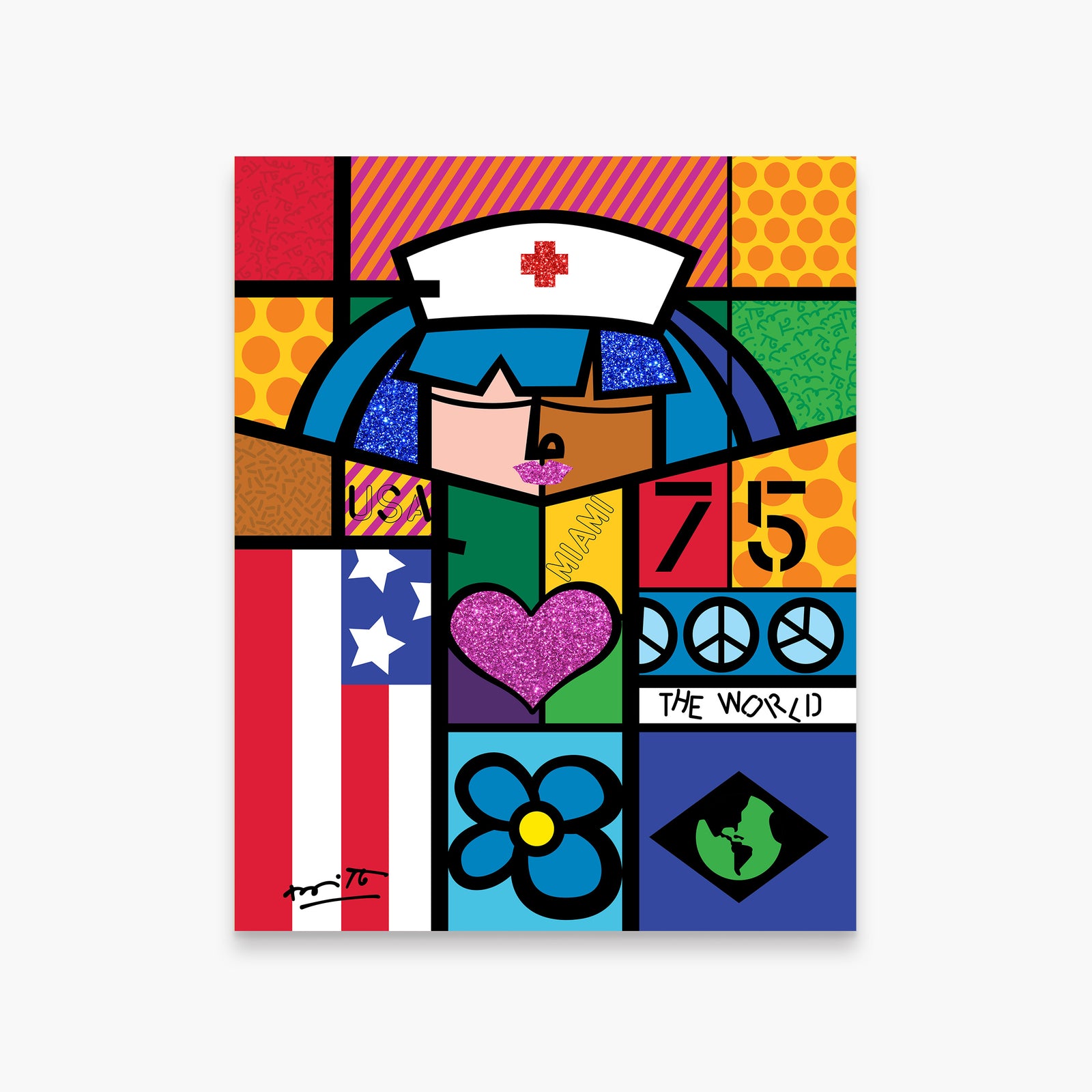 Romero Britto red cross limited edition print colorful pop art design