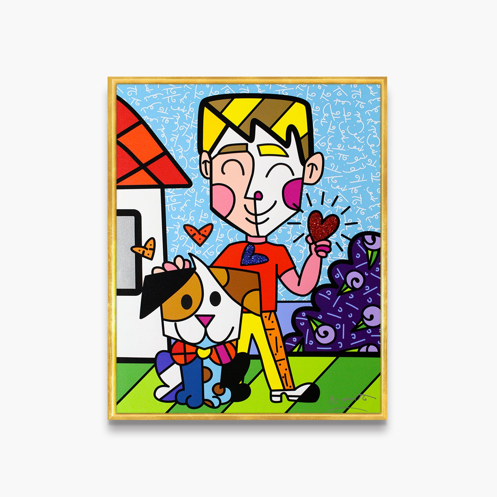 Romero Britto boy and his dog limited contemporary pop art piece