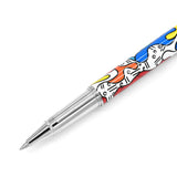 A silver pen featuring colorful abstract designs with roses in shades of orange, pink, yellow, green, and purple, along with the "Britto" logo around the middle.  Pens  Fine Tip  Black Ink  designer pen