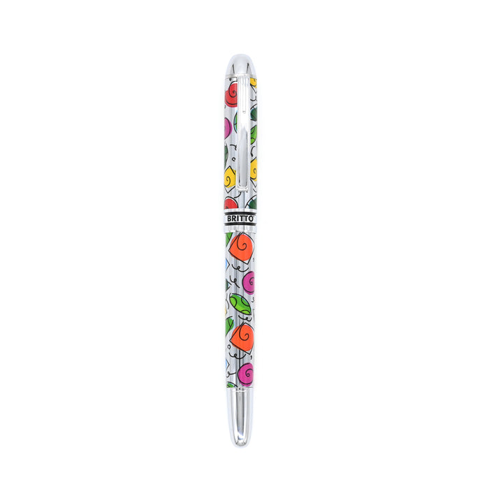 A silver pen featuring colorful abstract designs with roses in shades of orange, pink, yellow, green, and purple, along with the