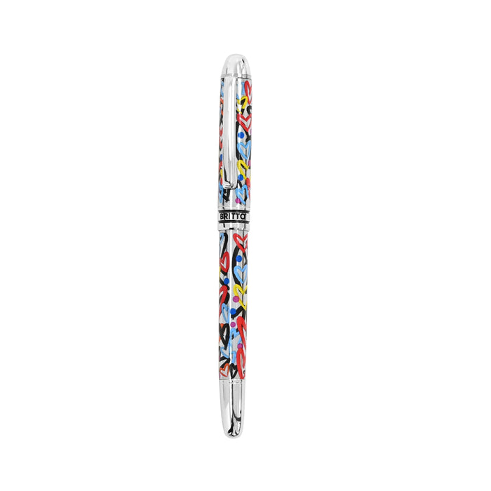 A silver pen featuring colorful brushstroke hearts in shades of orange, red, yellow, teal, and blue, along with the