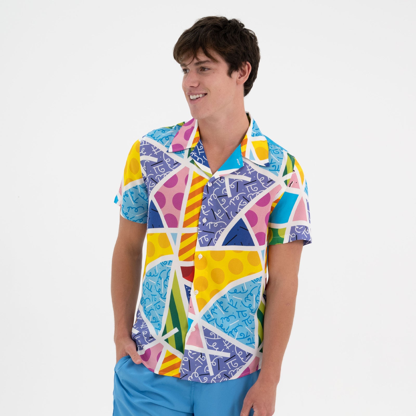 Romero Britto baby blue landscape mens short colorful pop art design