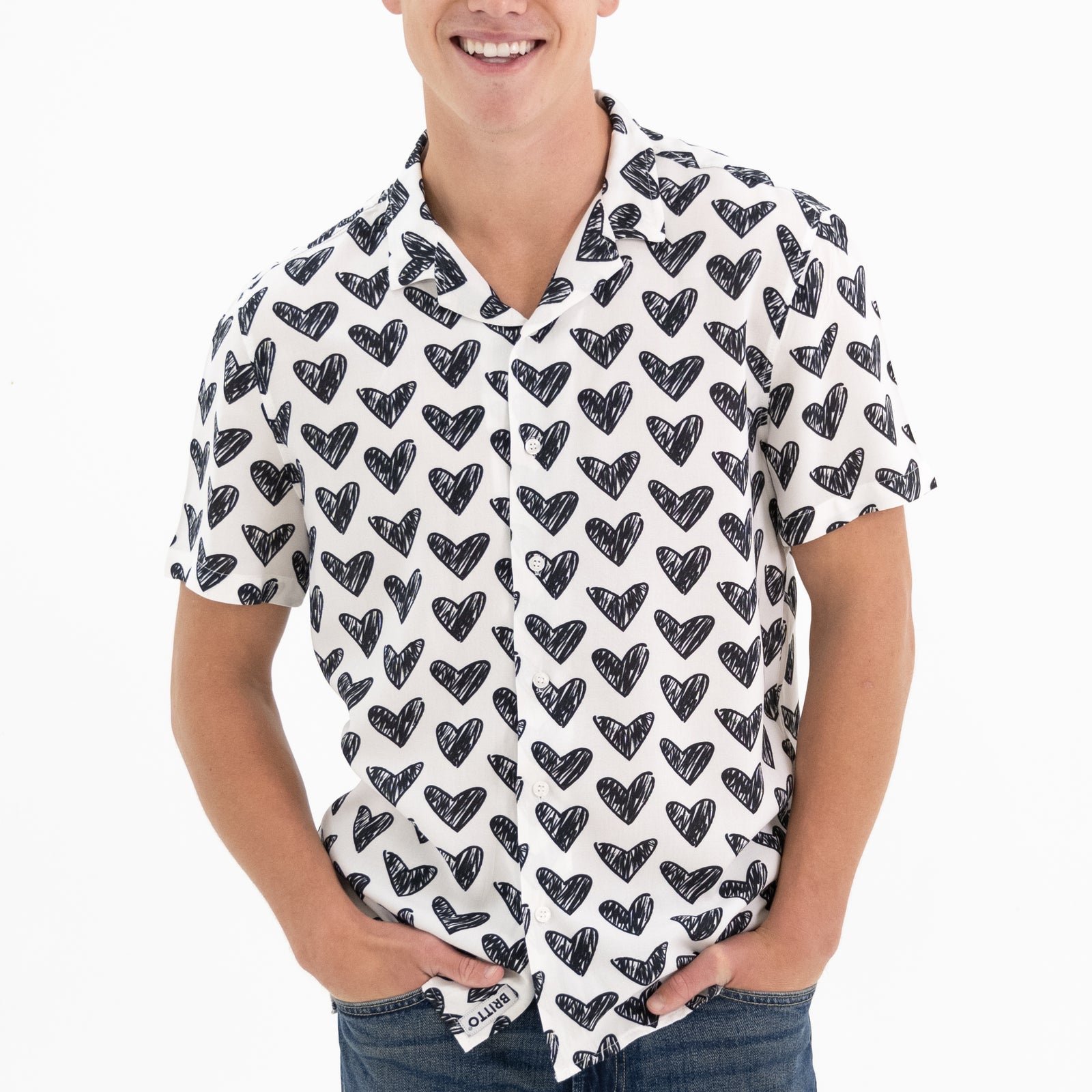 BRITTO® MEN'S SHORT SLEEVE BUTTON DOWN SHIRT - BLACK BRUSHSTROKE HEARTS