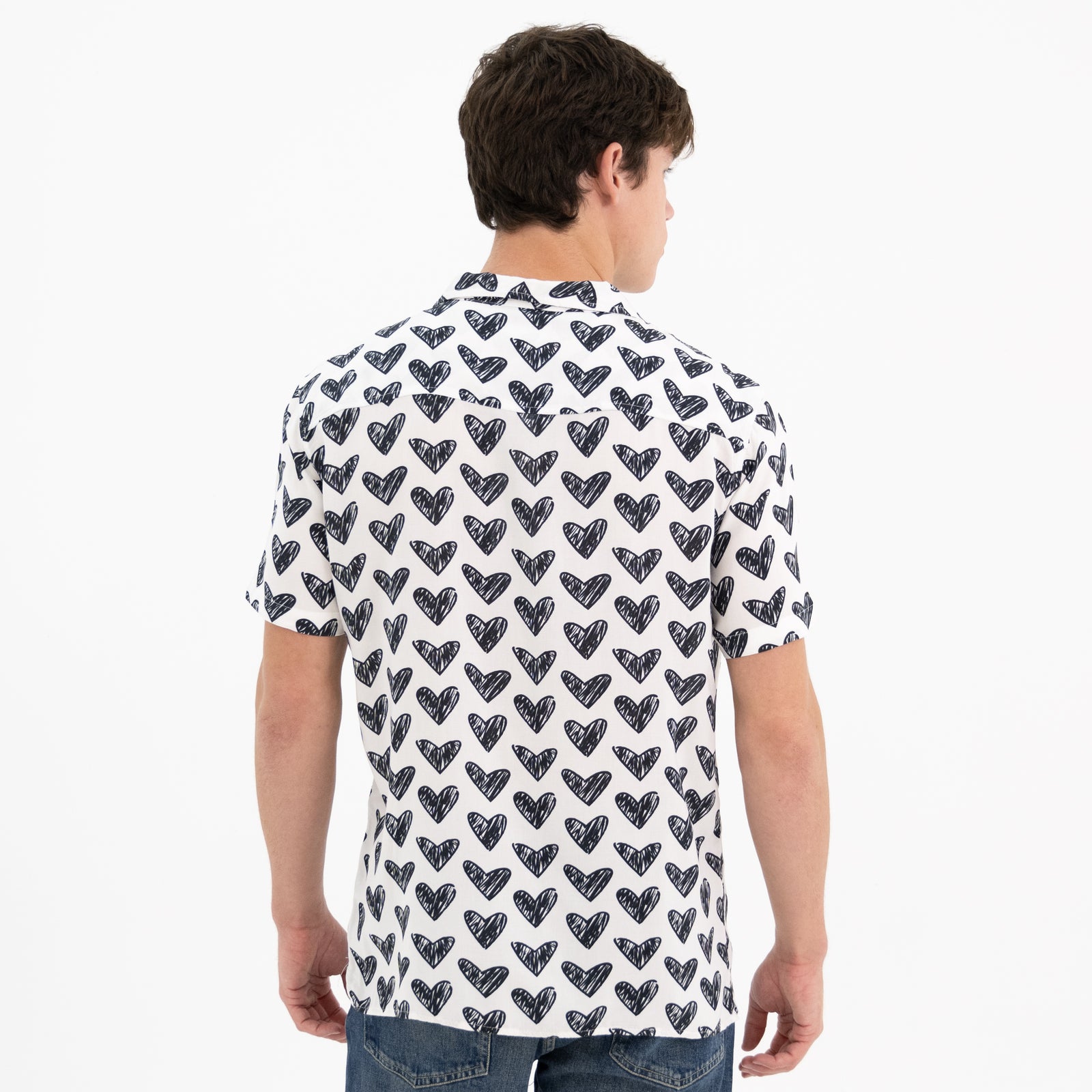 BRITTO® MEN'S SHORT SLEEVE BUTTON DOWN SHIRT - BLACK BRUSHSTROKE HEARTS