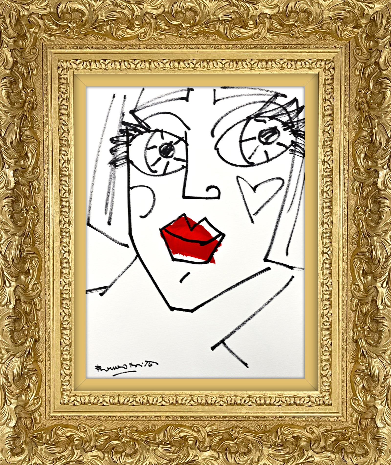 Romero Britto red lips original drawing contemporary pop art piece