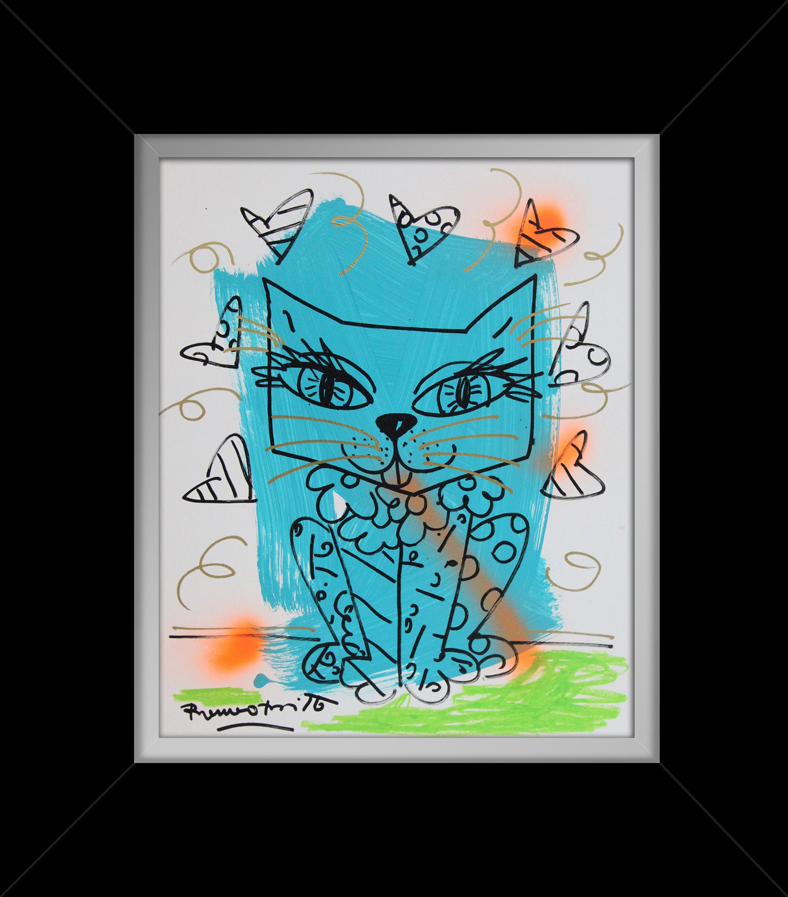 Romero Britto aqua cat original drawing colorful pop art design