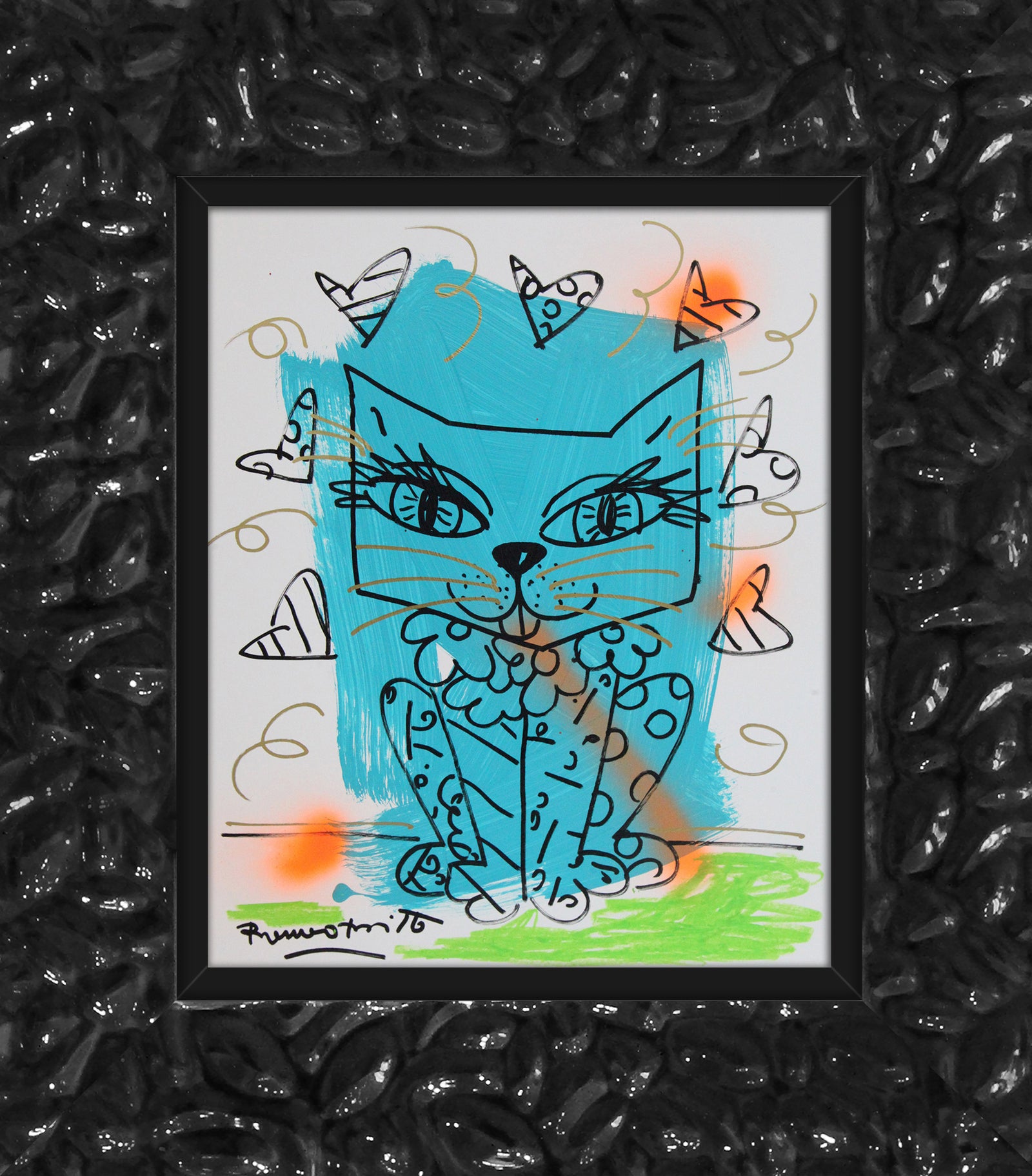 aqua cat original drawing artistic colorful design collectible