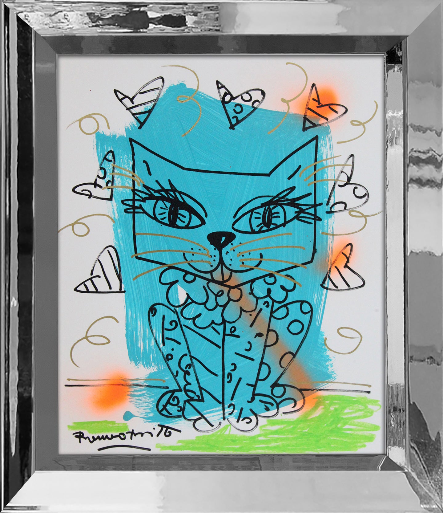 Romero Britto aqua cat original drawing colorful pop art design