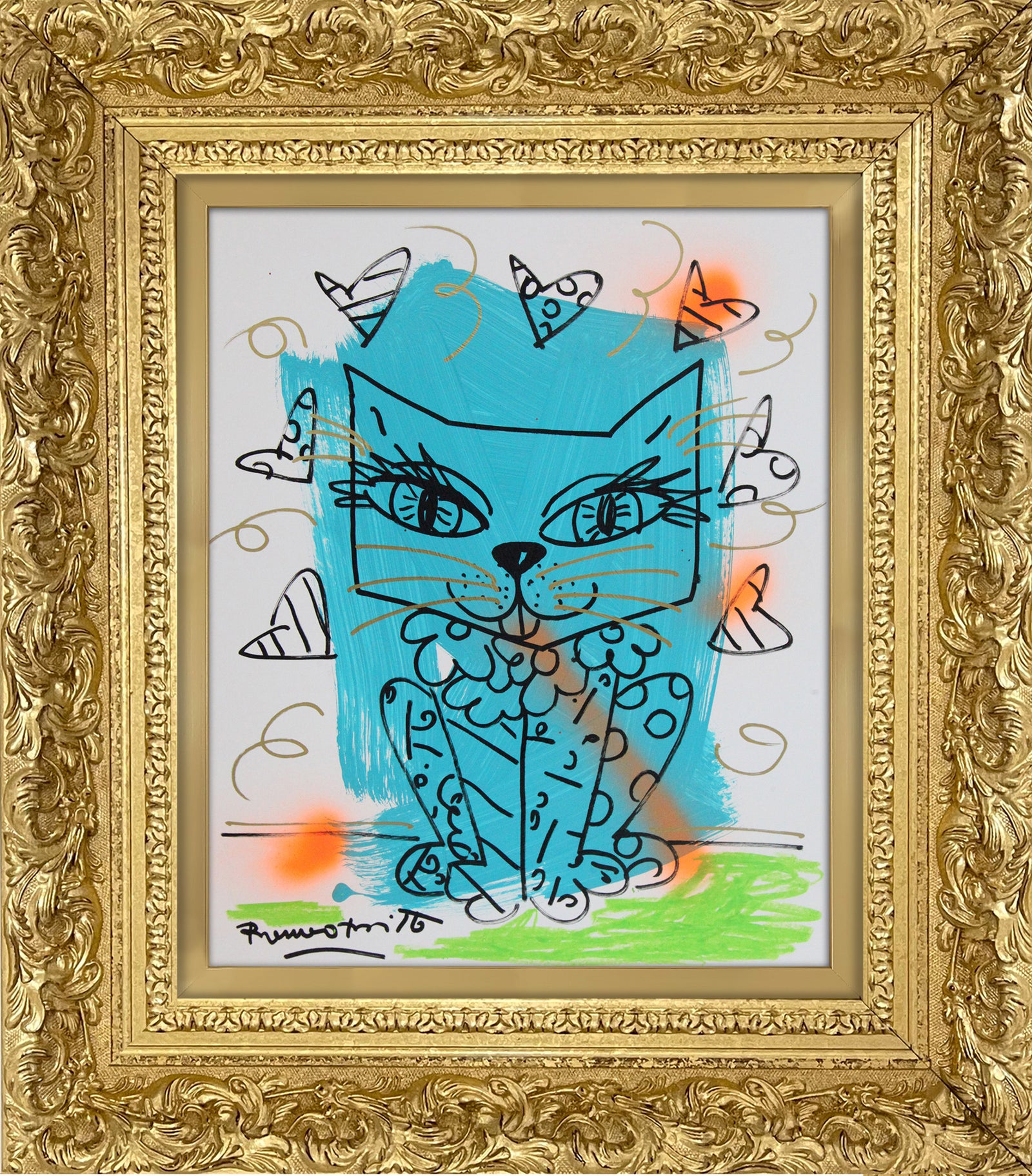 aqua cat original drawing colorful decorative collectible gift idea
