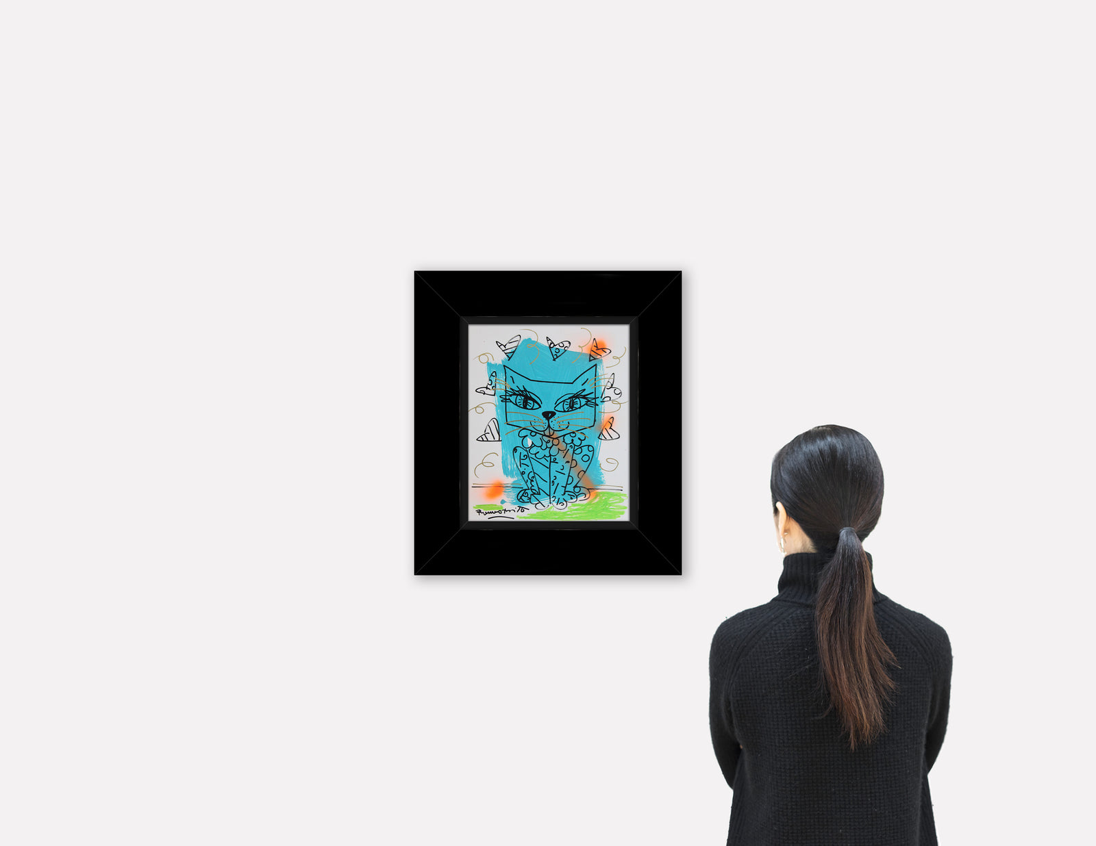 modern pop art aqua cat original drawing vibrant home decor