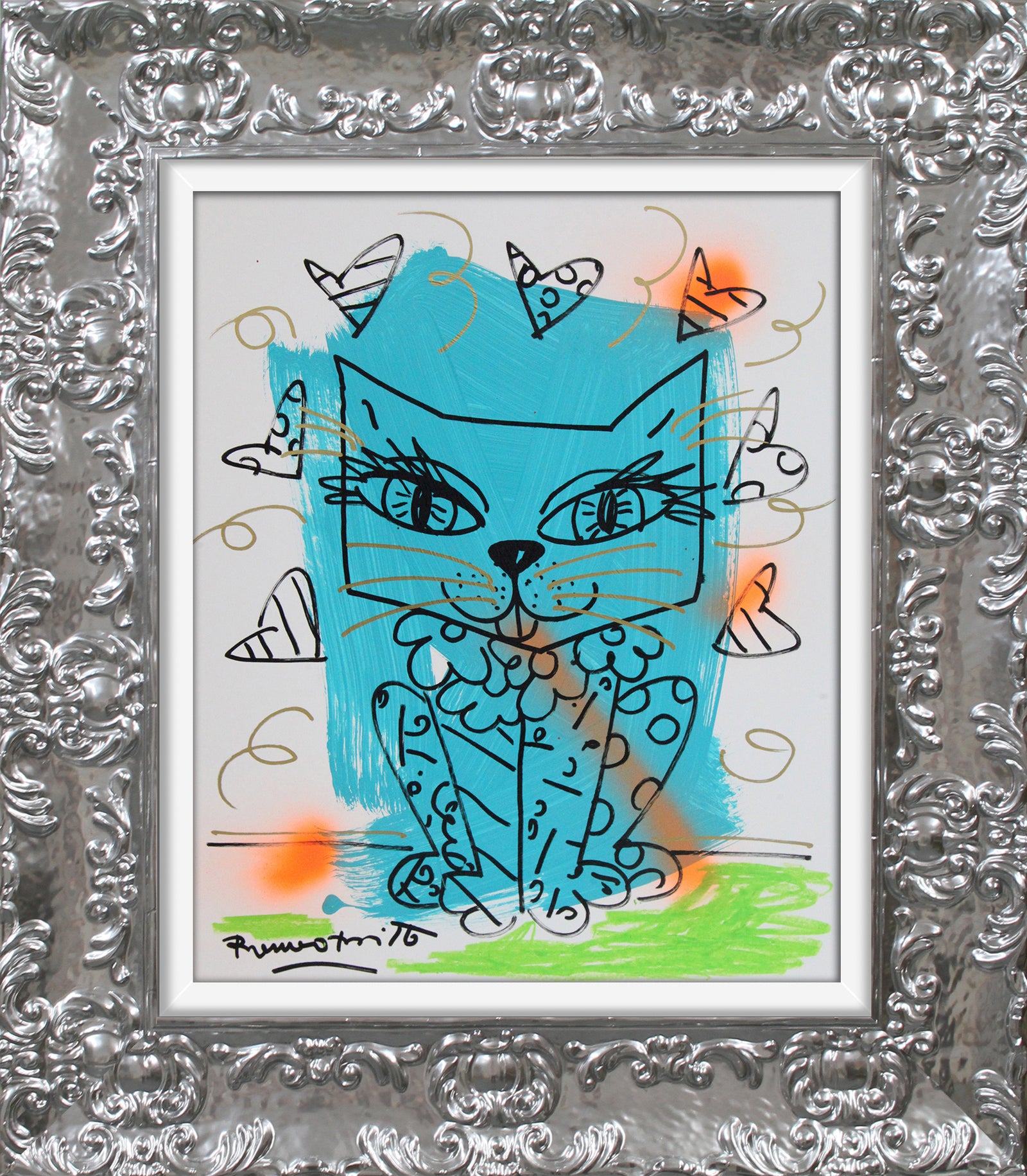 modern pop art aqua cat original drawing vibrant home decor