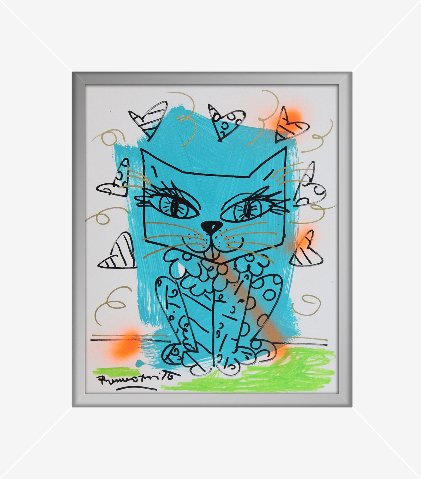 aqua cat original drawing artistic colorful design collectible