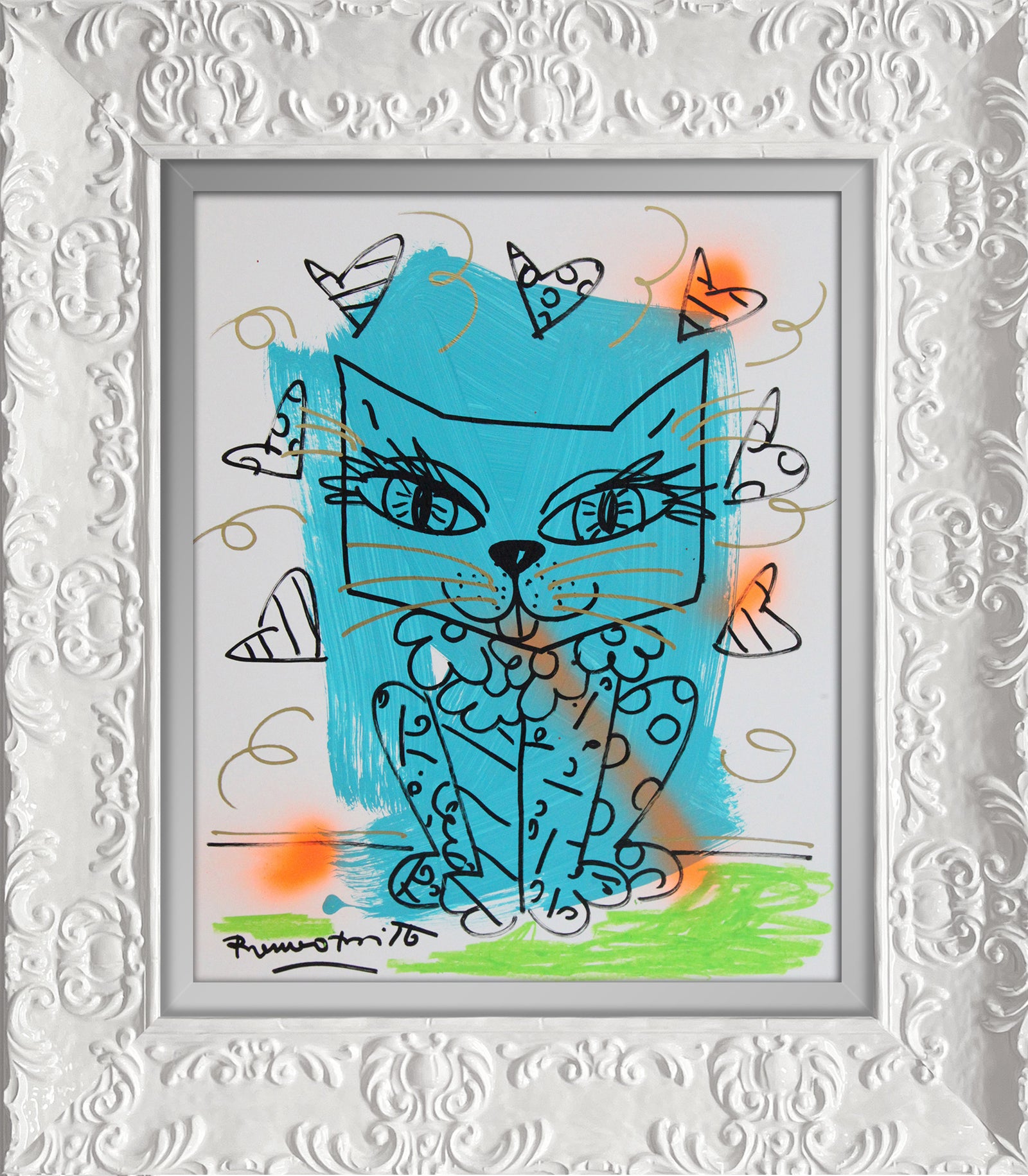 Romero Britto aqua cat original drawing contemporary pop art piece