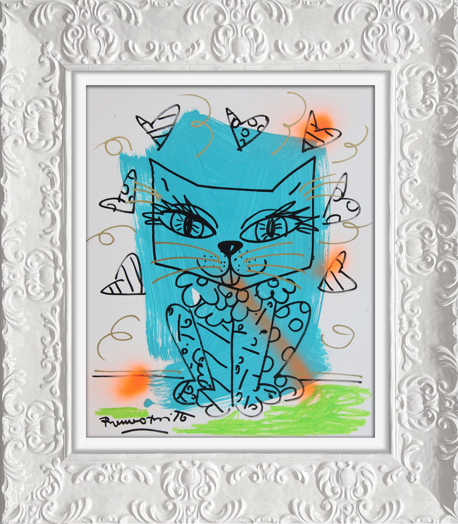 Romero Britto aqua cat original drawing colorful pop art design