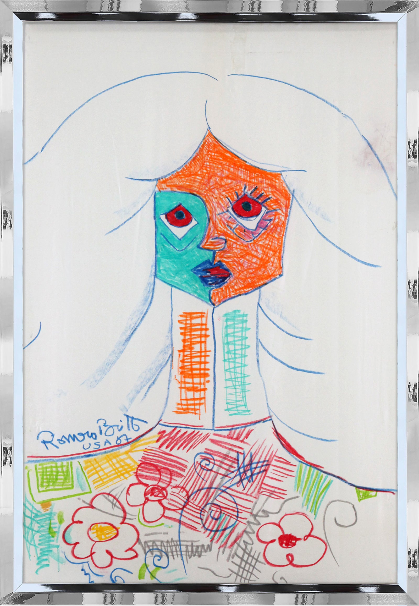 Romero Britto pure white original vintage drawing colorful pop art design