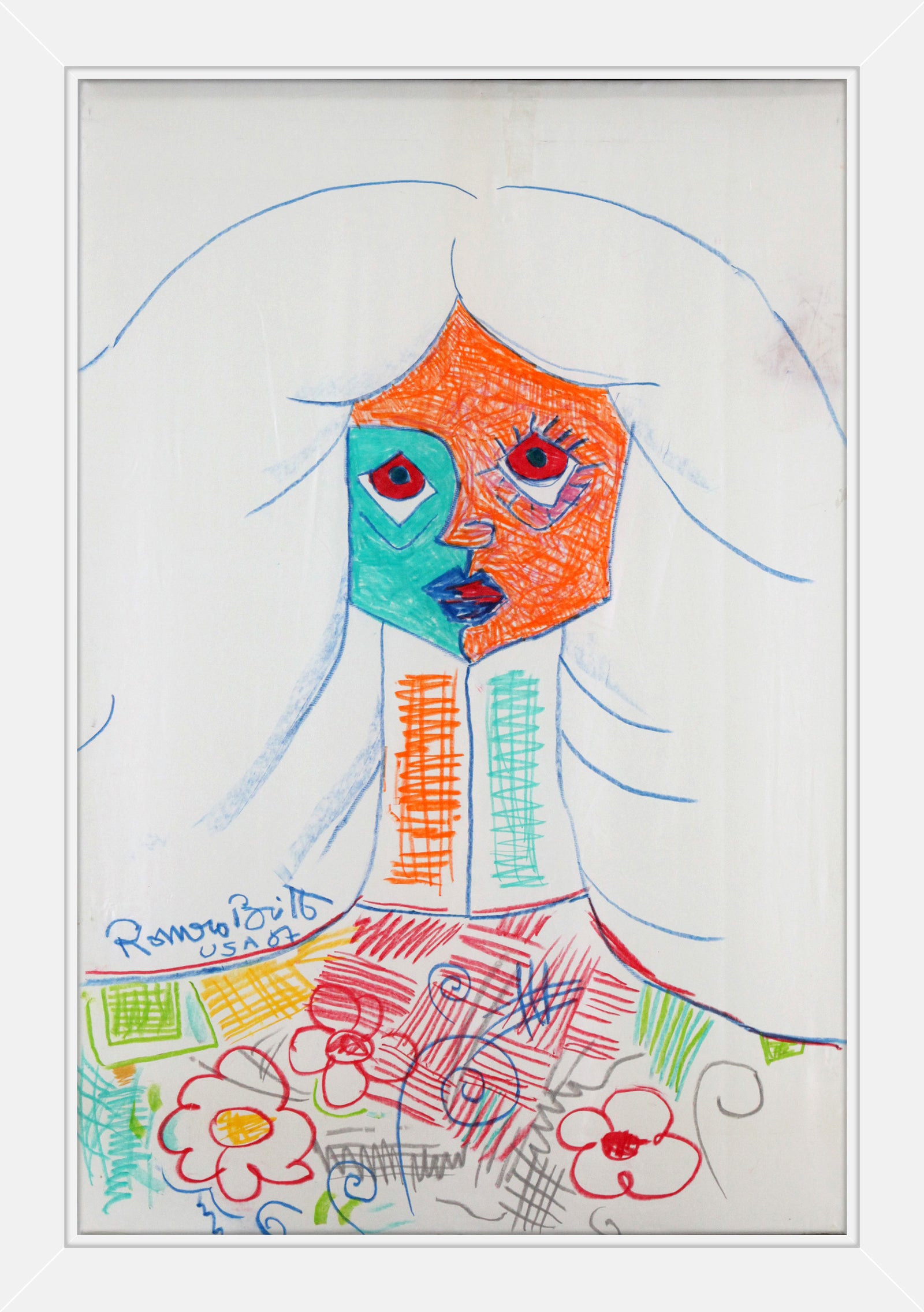 Romero Britto pure white original vintage drawing contemporary pop art piece