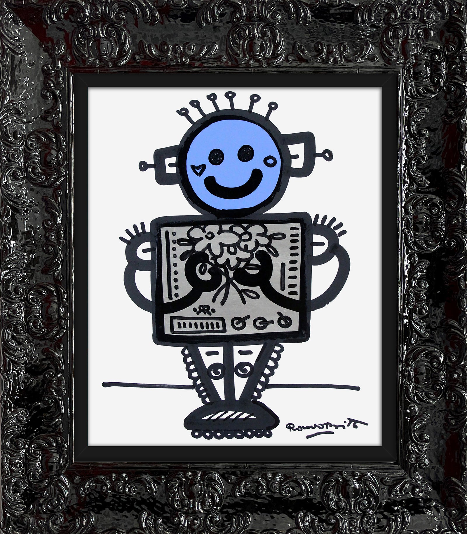 Romero Britto baby blue original drawing colorful pop art design