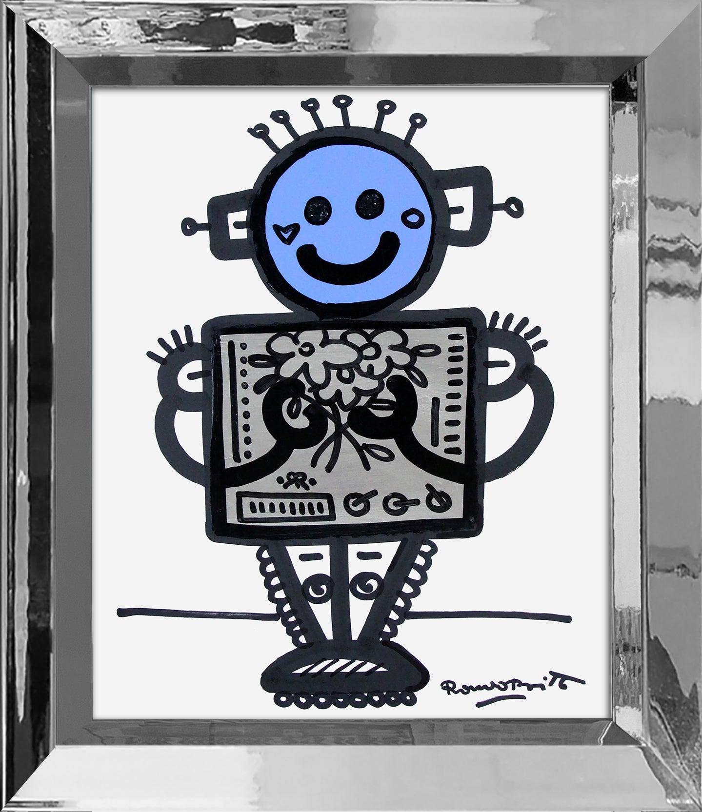 Romero Britto baby blue original drawing colorful pop art design